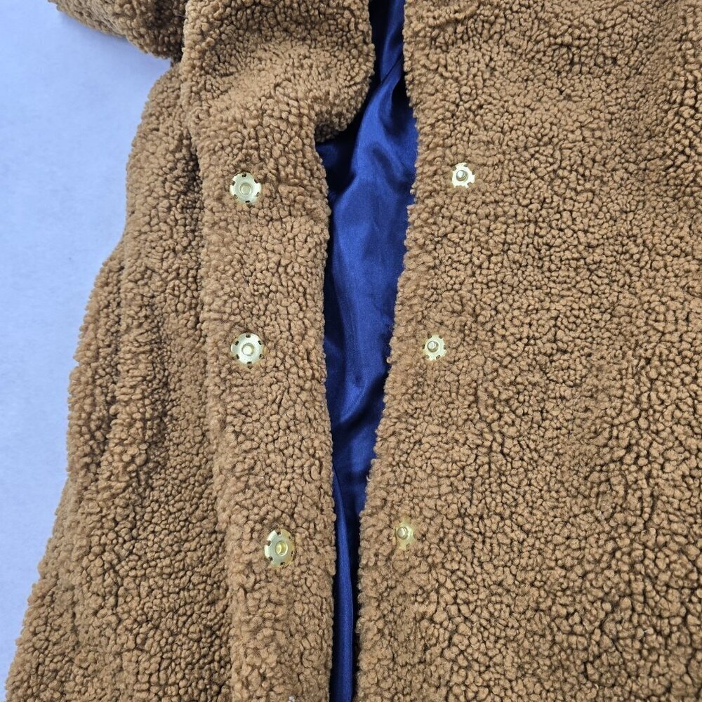 J Crew Teddy Sherpa Topcoat Size XS Lined Pockets Snap Buttons Plush Brown - Picture 8 of 13